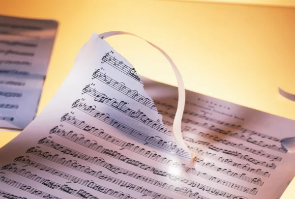 Partitions de musique sur un fond orange.