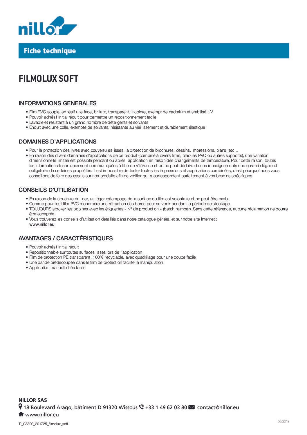 Fiche technique produit Filmolux Soft en français