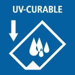 Icône bleue indiquant matériel curable aux UV