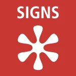 Logo blanc forme étoile sur fond rouge, SIGNS