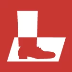 Logo rouge avec silhouette de botte blanche