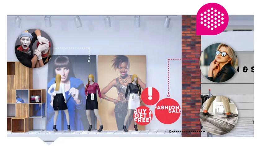 Vitrine de mannequins avec affiches mode colorées.
